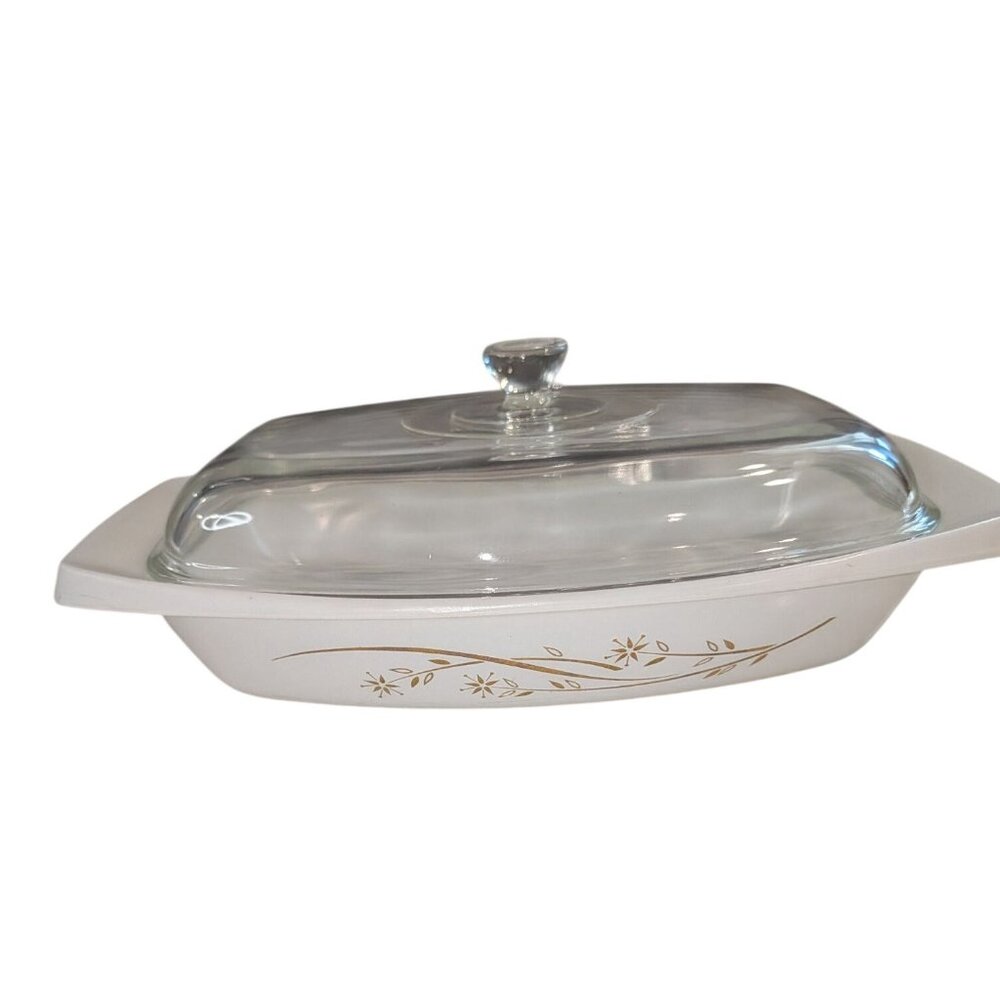 Vintage Pyrex Golden Honeysuckle 1 1/2 Qt Casserole Dish Lid White Bakeware - Picture 7 of 16